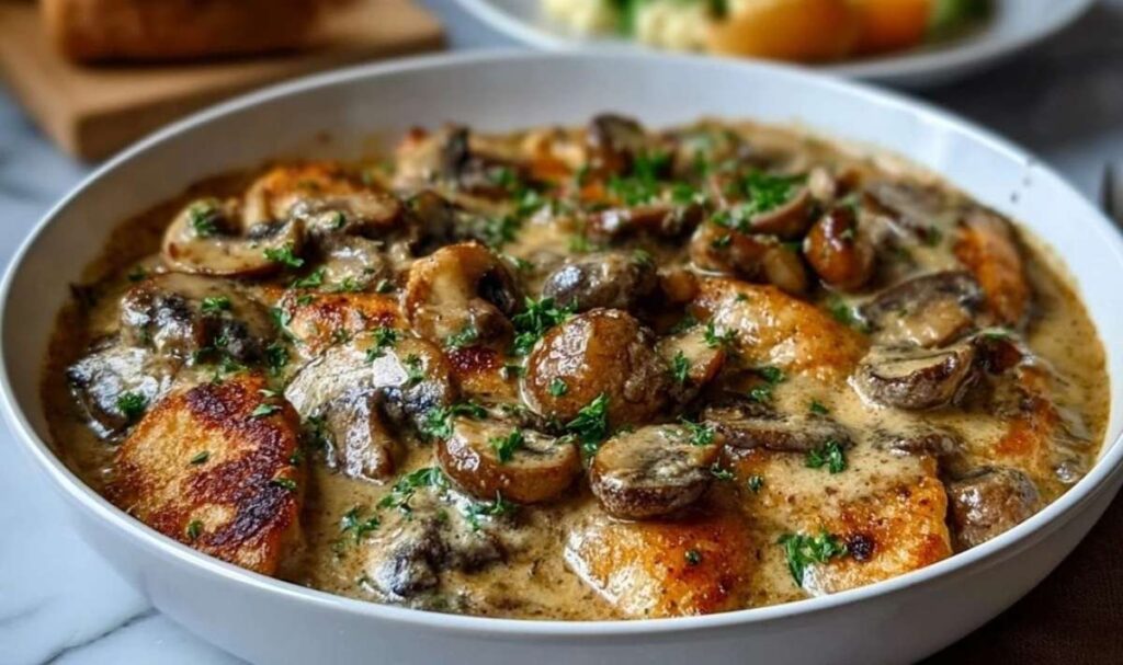 Cremige Hähnchen-Pilzpfanne mit goldbraunem Hähnchen und Champignons in Sahnesauce