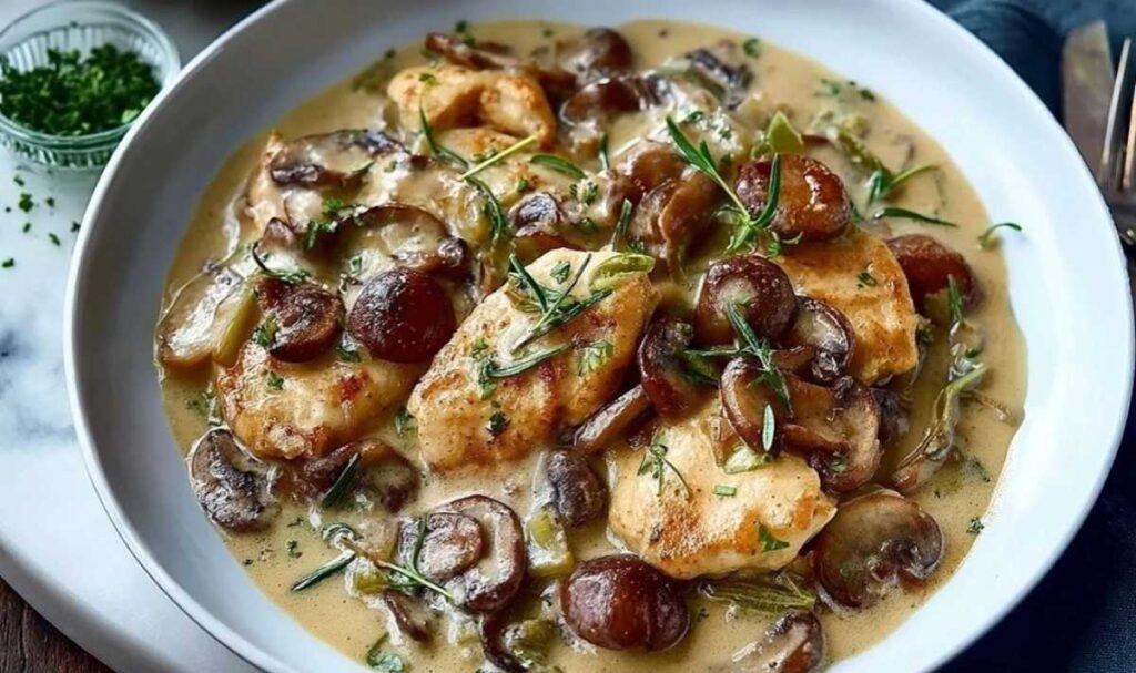 Cremige Hähnchen-Pilzpfanne mit goldbraunem Hähnchen und Champignons in Sahnesauce