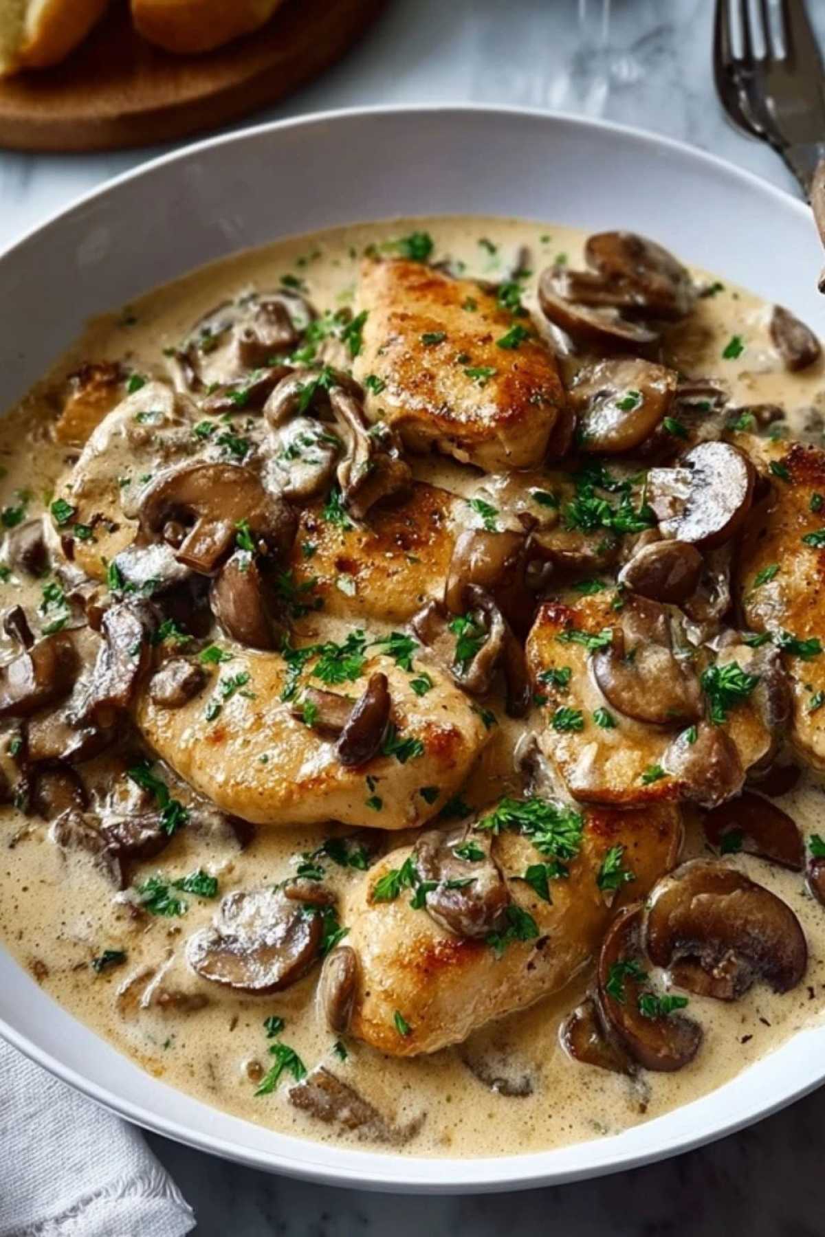 Servierte Hähnchen-Pilzpfanne auf Teller mit Reis und frischer Petersilie