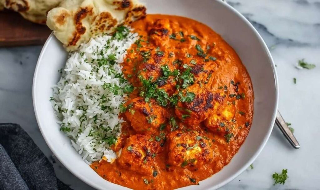 Halloumi Tikka Masala with golden cheese cubes in creamy tomato curry sauce