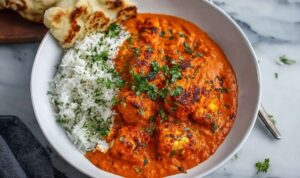 Halloumi Tikka Masala with golden cheese cubes in creamy tomato curry sauce