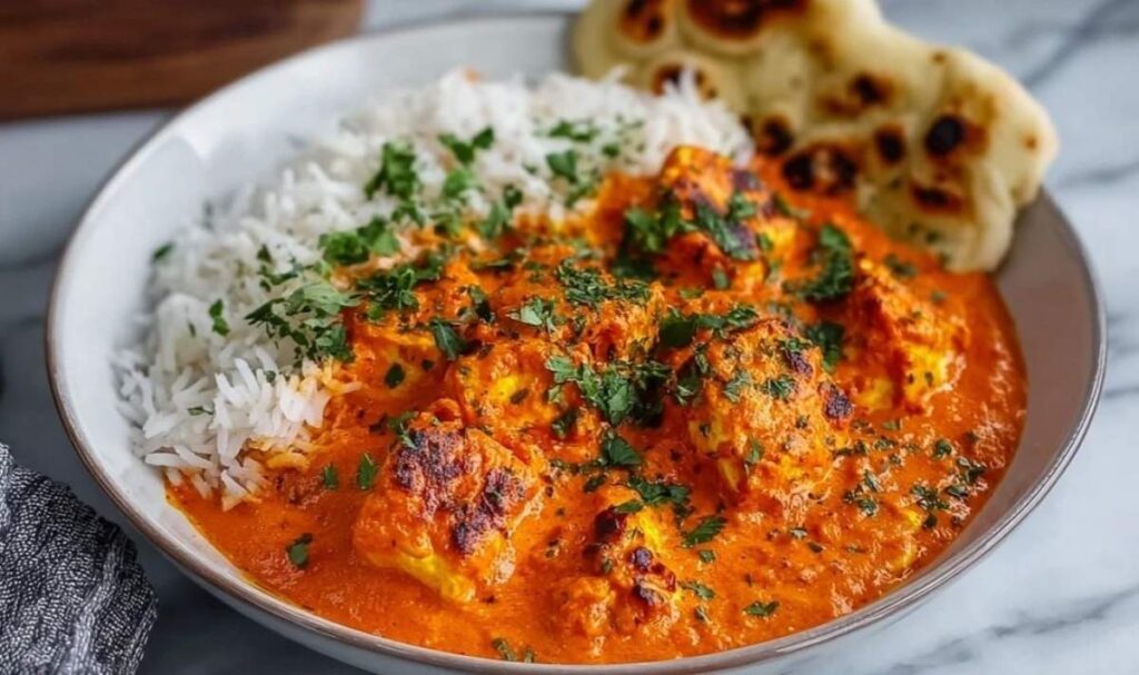 Halloumi Tikka Masala with golden cheese cubes in creamy tomato curry sauce