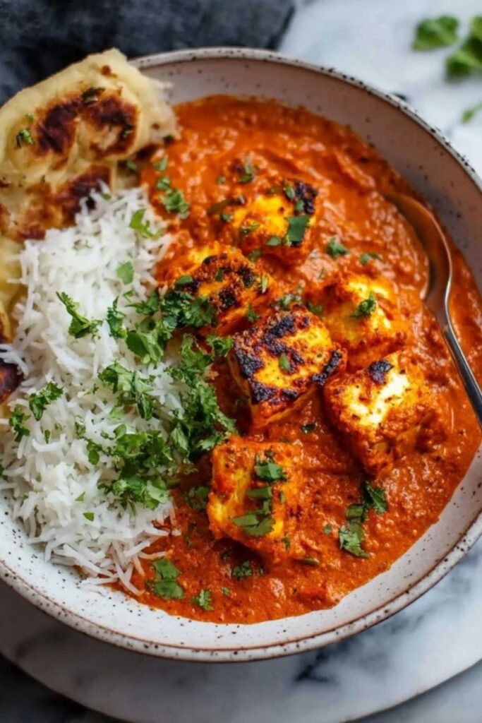Halloumi Tikka Masala served with basmati rice and warm naan bread