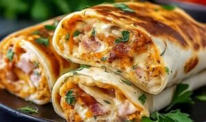 Heiße Käse-Schinken Wraps Airfryer goldbraun und knusprig auf weißem Teller serviert