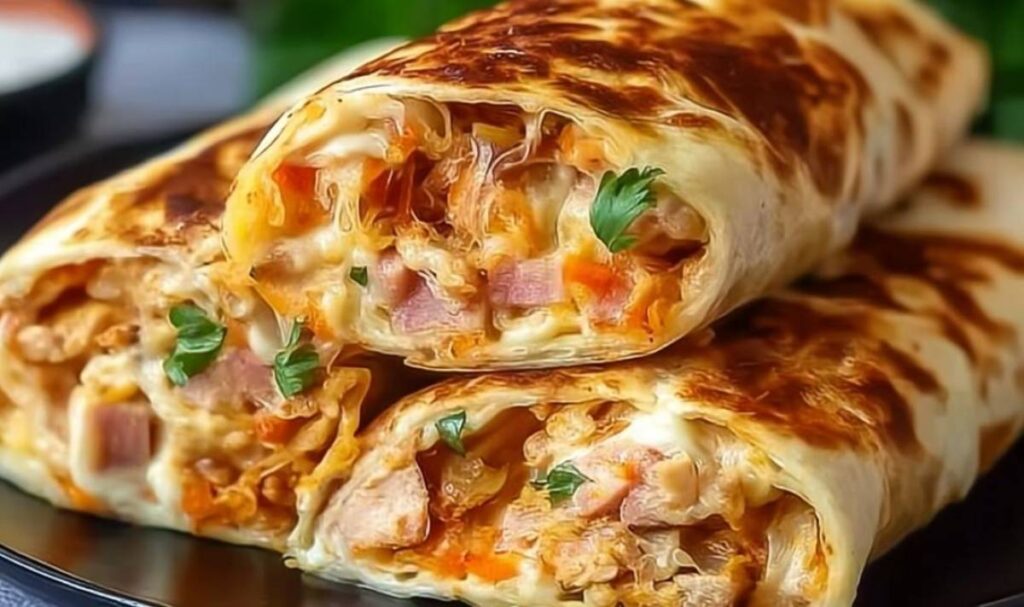 Heiße Käse-Schinken Wraps Airfryer goldbraun und knusprig auf weißem Teller serviert