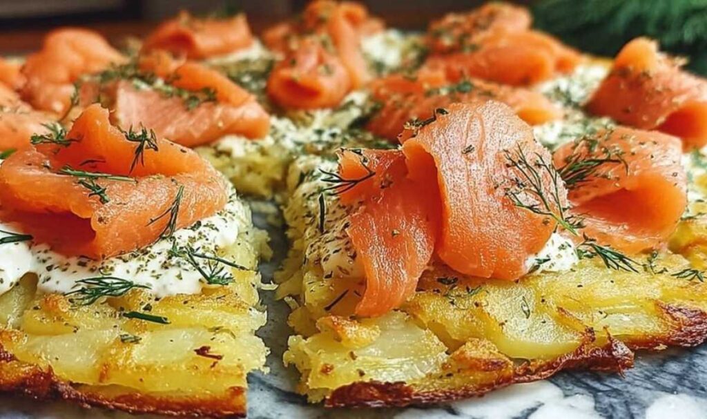 Kartoffelpizza mit geräuchertem Lachs auf Backblech mit frischem Dill garniert