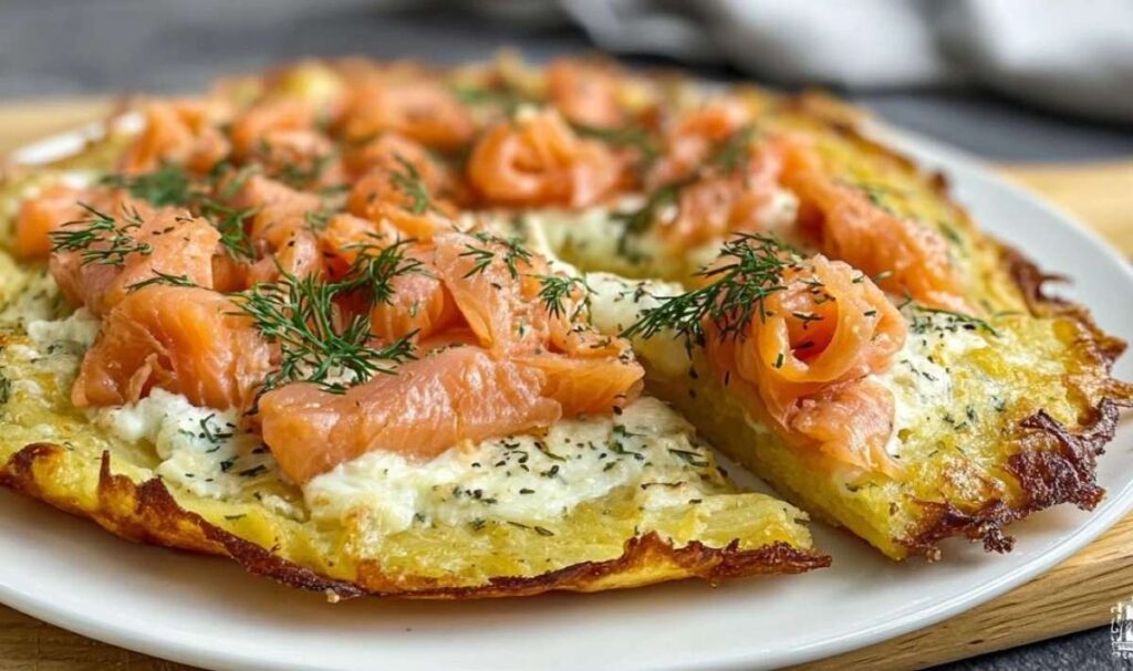 Kartoffelpizza mit geräuchertem Lachs frisch aus dem Ofen mit goldbrauner Kartoffelbasis
