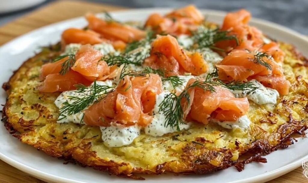 Kartoffelpizza mit geräuchertem Lachs frisch aus dem Ofen mit goldbrauner Kartoffelbasis