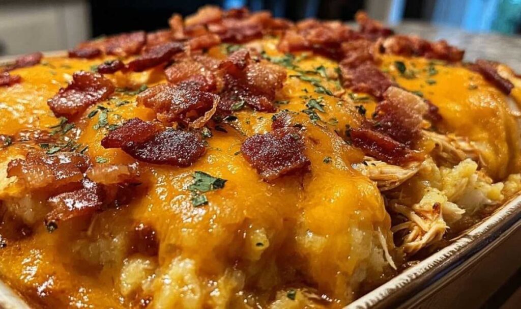 Keto BBQ Hühnchen Auflauf mit goldbrauner Käsekruste direkt aus dem Ofen