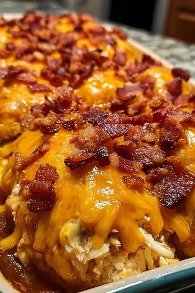 Cremiger Keto BBQ Hühnchen Auflauf serviert auf weißem Teller mit Besteck