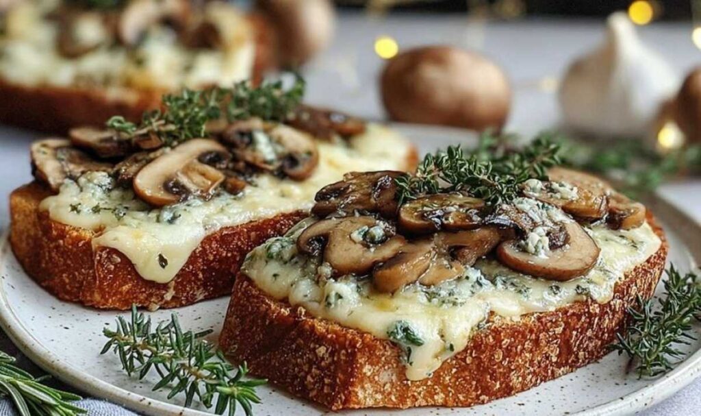 Knusprige Käse-Champignon-Knoblauch-Toasts mit geschmolzenem Käse und frischer Petersilie garniert