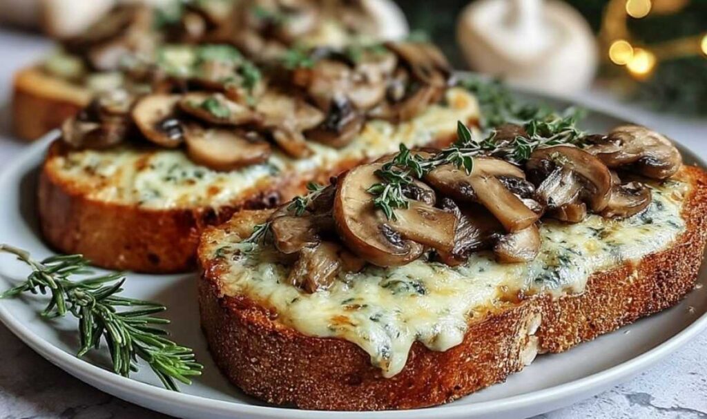 Knusprige Käse-Champignon-Knoblauch-Toasts mit geschmolzenem Käse und frischer Petersilie garniert