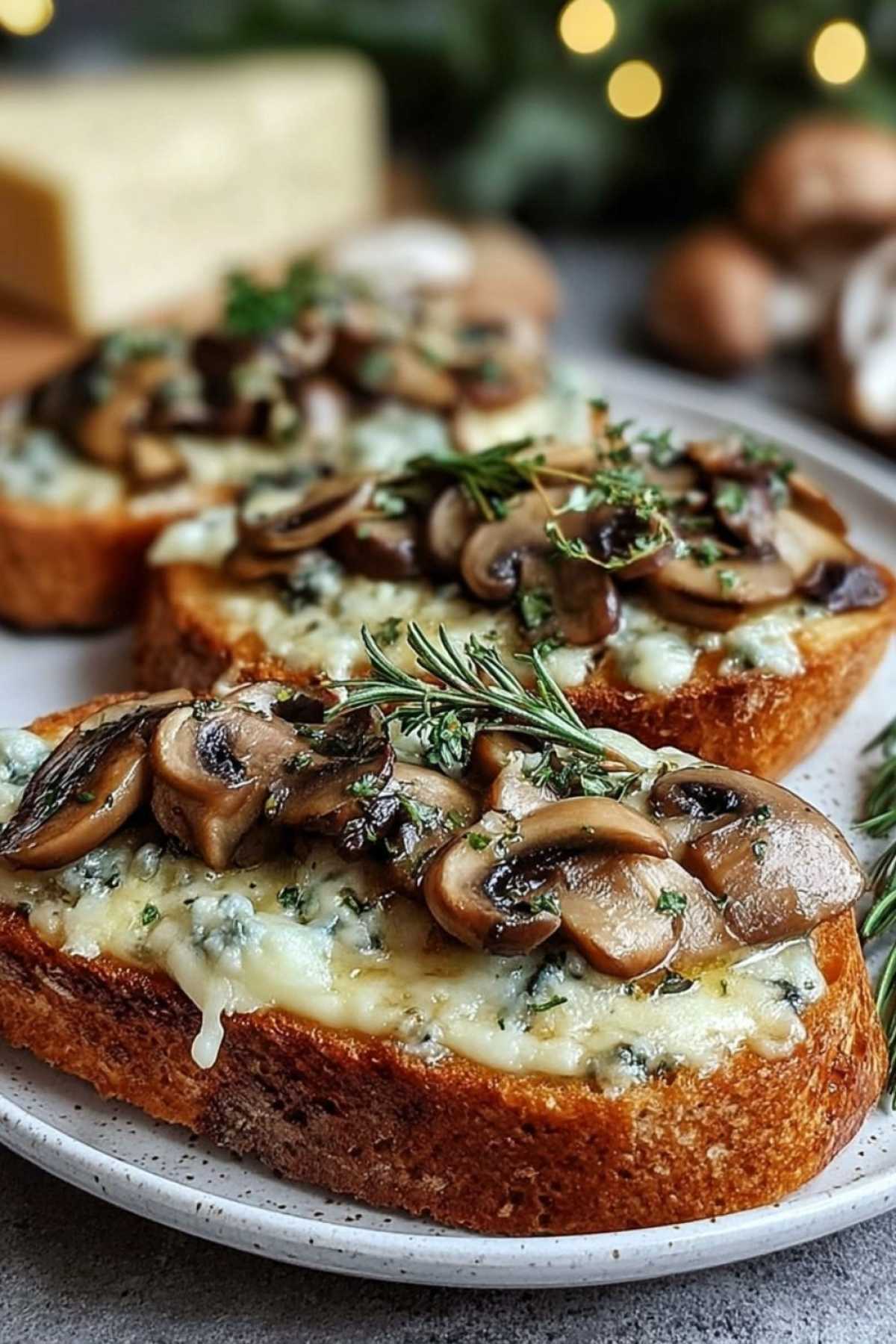 Nahaufnahme eines Käse-Champignon-Knoblauch-Toasts zeigt cremigen Käse und gebratene Pilze