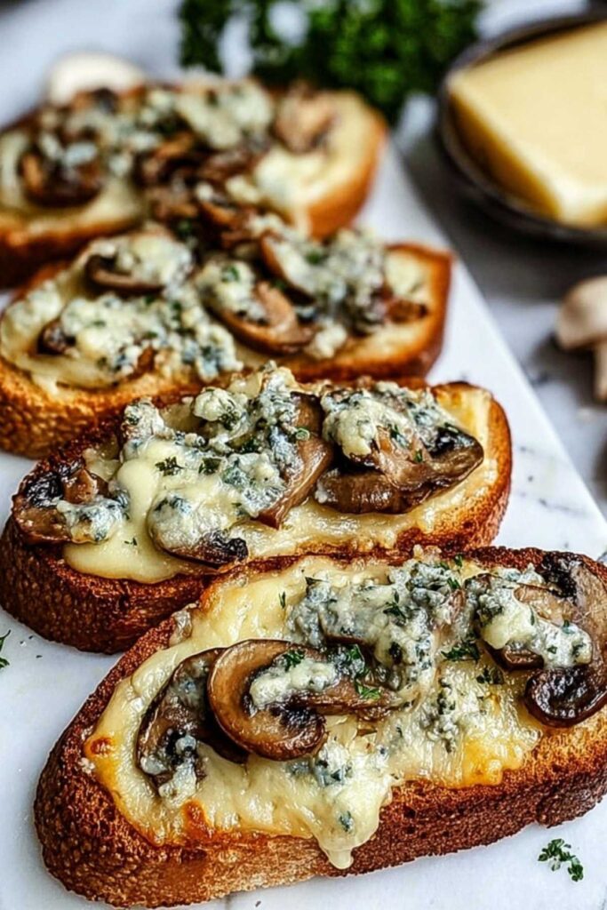 Nahaufnahme von geschmolzenem Käse und gebratenen Champignons auf knusprigem Toast