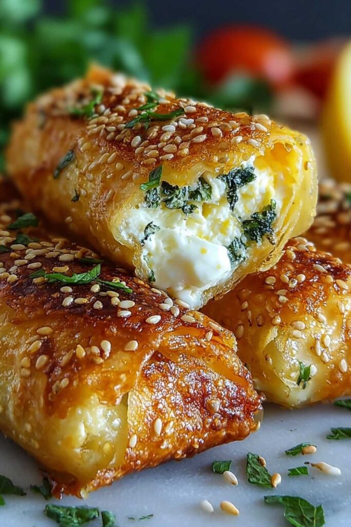 Knusprige Ofen-Feta-Röllchen 3 Knusprige Ofen-Feta-Röllchen mit Sesam auf weißer Servierplatte mit Zitronenspalten