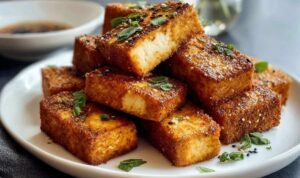Knuspriger gebackener Tofu mit goldbrauner Kruste auf Backblech frisch aus dem Ofen