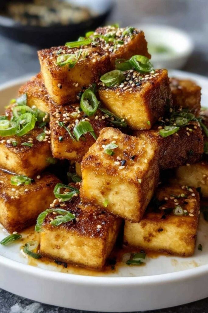 Knuspriger gebackener Tofu serviert mit gedünstetem Gemüse und Reis auf Teller