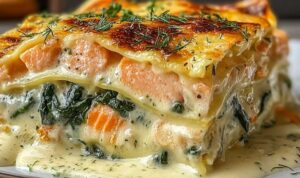 Lachs-Spinat-Lasagne mit goldbrauner Parmesankruste frisch aus dem Ofen