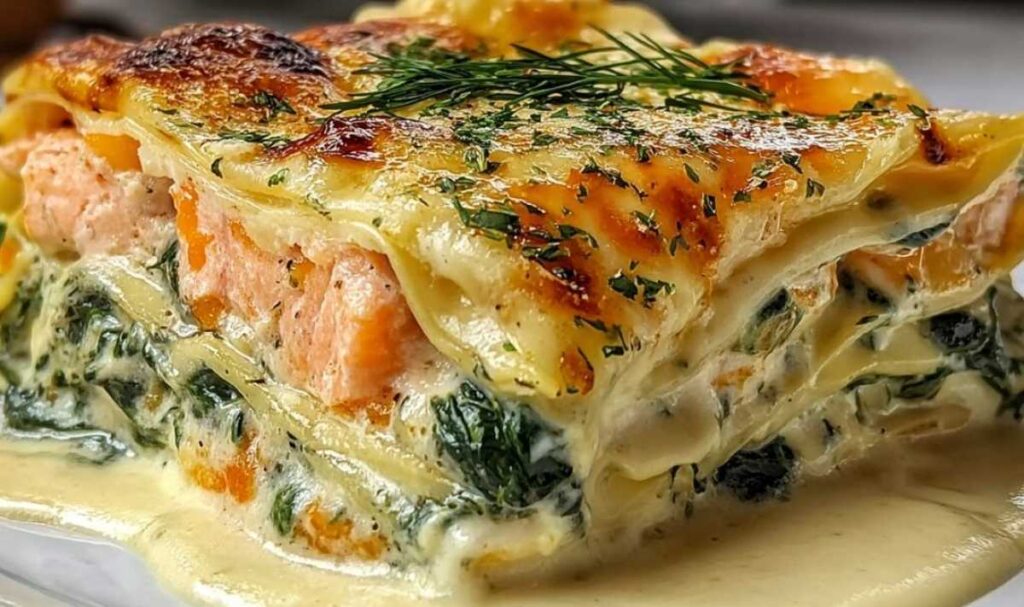 Lachs-Spinat-Lasagne – cremiges Familienrezept 2 Lachs-Spinat-Lasagne mit goldbrauner Parmesankruste frisch aus dem Ofen