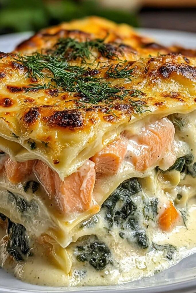 Lachs-Spinat-Lasagne – cremiges Familienrezept 3 Lachs-Spinat-Lasagne angeschnitten zeigt cremige Schichten mit Lachs und Spinat