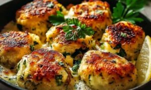 Low Carb Blumenkohl Frikadellen Low Carb Blumenkohl Frikadellen goldbraun gebraten auf weißem Teller mit Kräutern