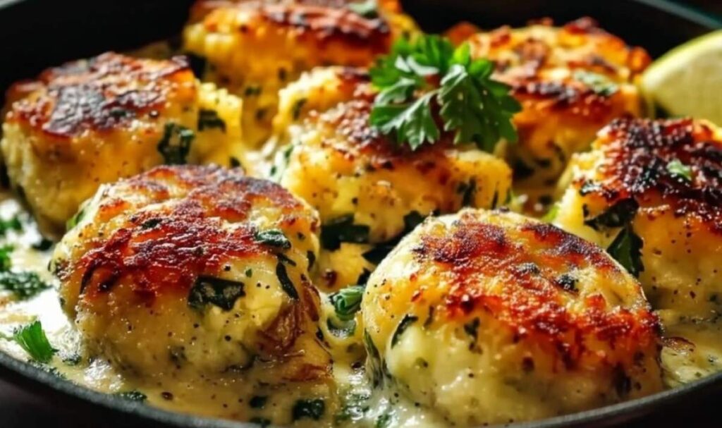 Low Carb Blumenkohl Frikadellen goldbraun gebraten auf weißem Teller mit Kräutern