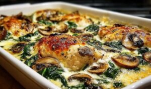 Low Carb Hähnchen Spinat Pilz Auflauf mit goldbraunem Käse frisch aus dem Ofen