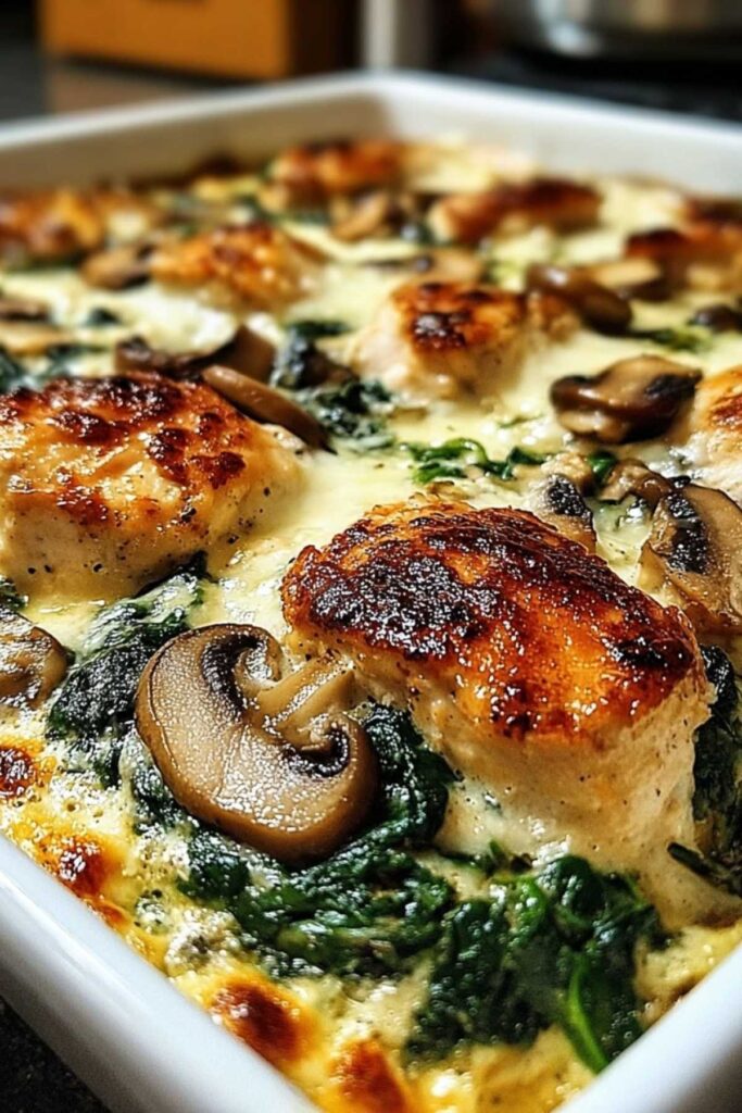Low Carb Hähnchen Spinat Pilz Auflauf 3 Low Carb Hähnchen Spinat Pilz Auflauf Portion mit cremiger Käsesauce auf weißem Teller