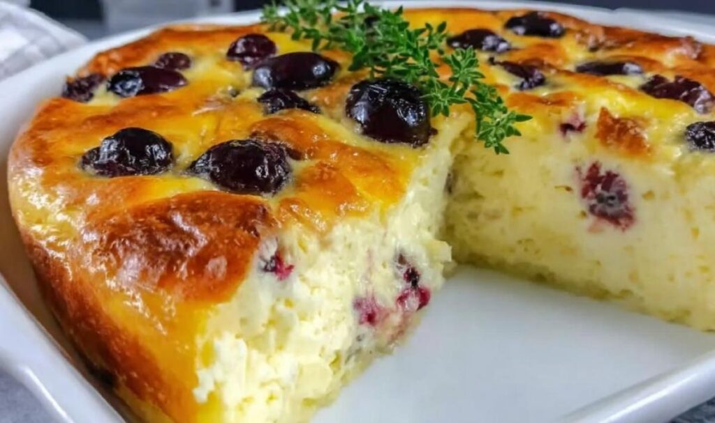 Low Carb Quarkauflauf 2 Low Carb Quarkauflauf mit goldbrauner Oberfläche und Beeren frisch aus dem Ofen