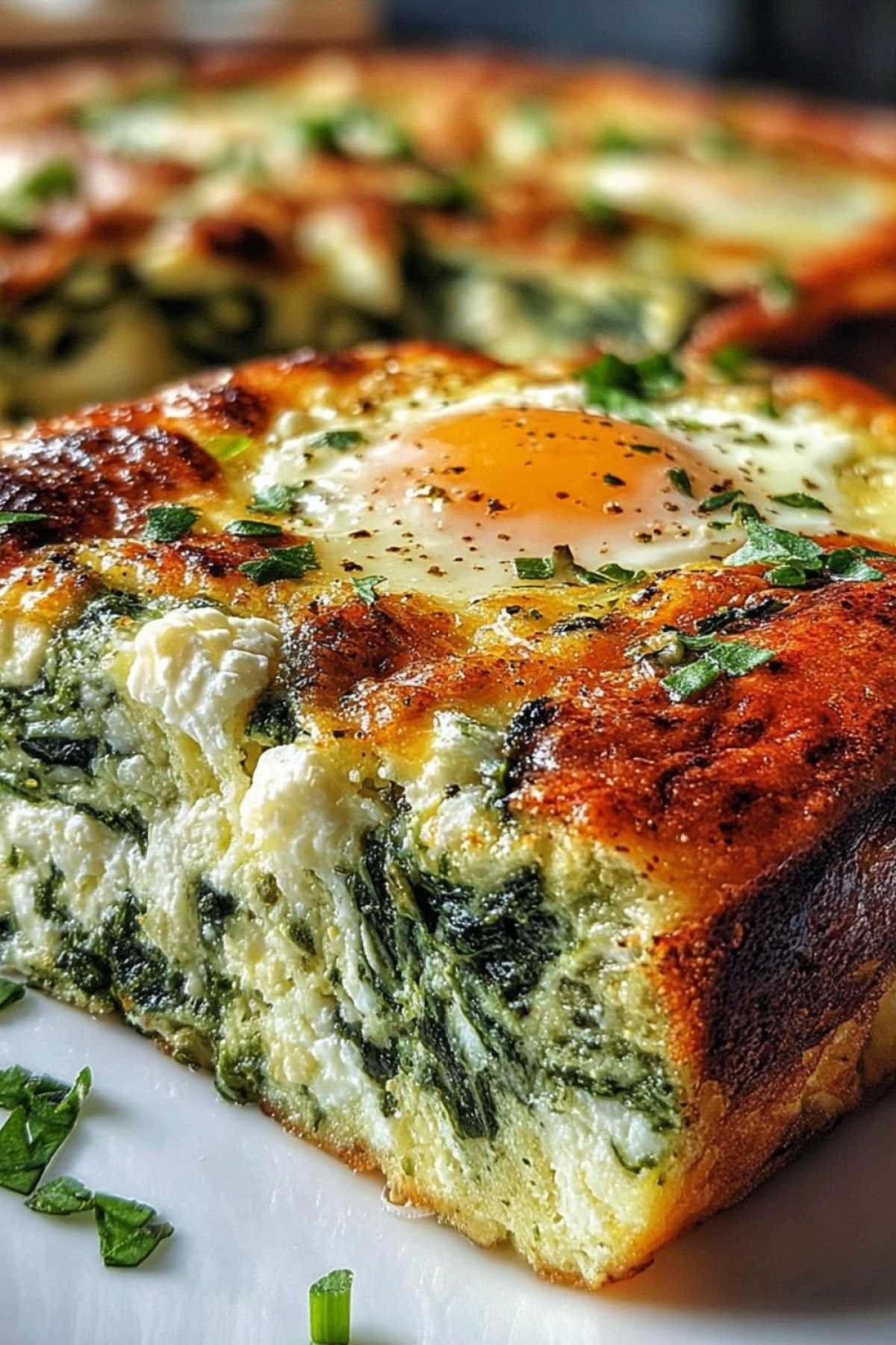 Portion Low Carb Spinat-Auflauf mit Feta auf weißem Teller serviert