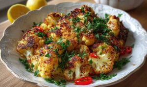 Marokkanischer Blumenkohl aus dem Backofen mit goldbraunen Röschen auf Backpapier