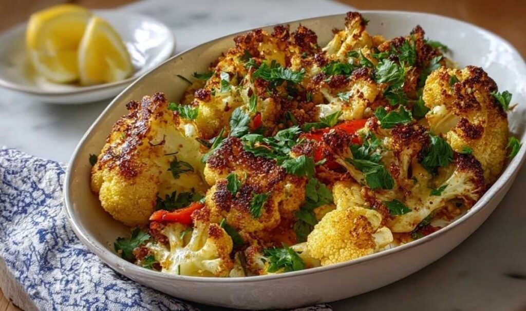 Marokkanischer Blumenkohl aus dem Backofen mit goldbraunen Röschen auf Backpapier