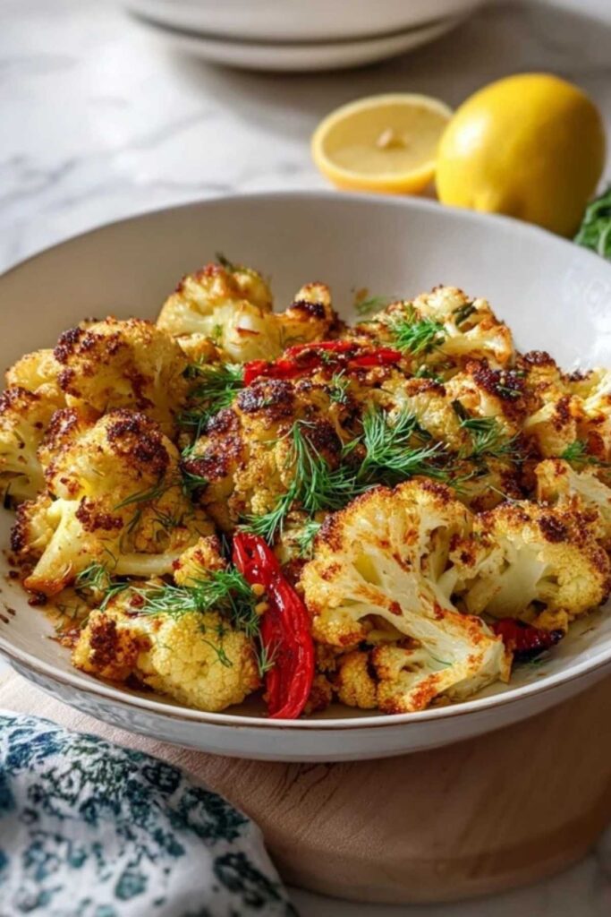 Marokkanischer Blumenkohl aus dem Backofen garniert mit frischer Petersilie auf weißem Teller