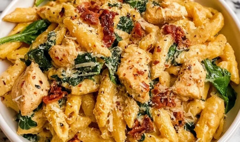 Marry Me Chicken Pasta 2 Marry Me Chicken Pasta in großer Pfanne mit cremiger Sauce und frischem Spinat