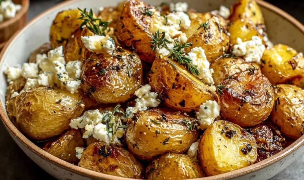 Ofenkartoffeln mit Feta frisch aus dem Ofen mit geschmolzenem Käse und gerösteten Tomaten