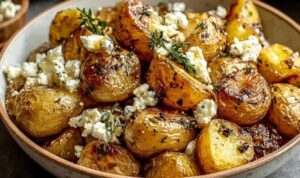 Ofenkartoffeln mit Feta frisch aus dem Ofen mit geschmolzenem Käse und gerösteten Tomaten