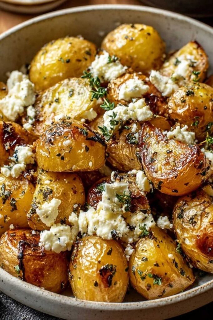 Servierte Ofenkartoffeln mit Feta auf weißem Teller garniert mit frischen Kräutern