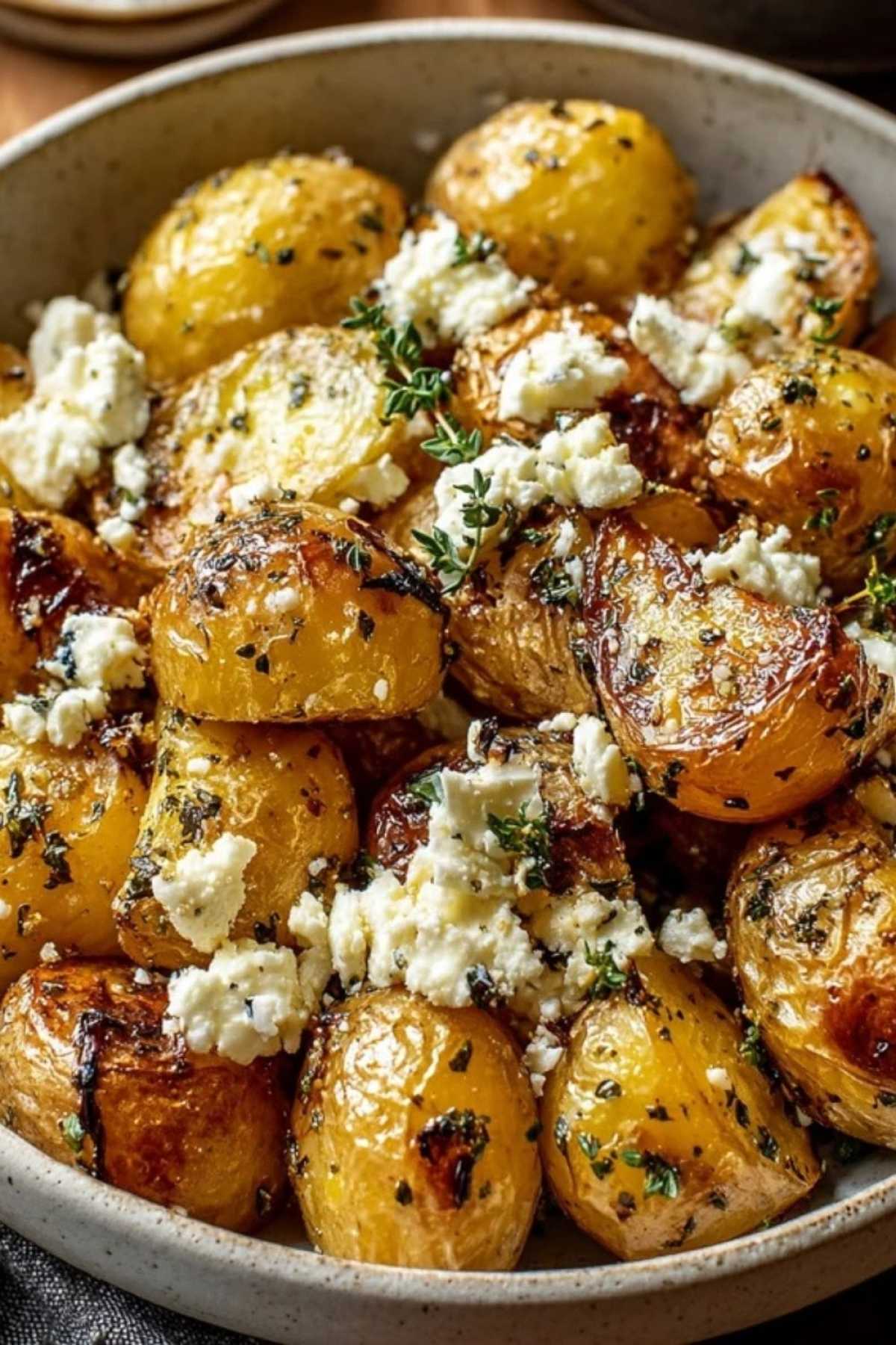 Servierte Ofenkartoffeln mit Feta auf weißem Teller garniert mit frischen Kräutern