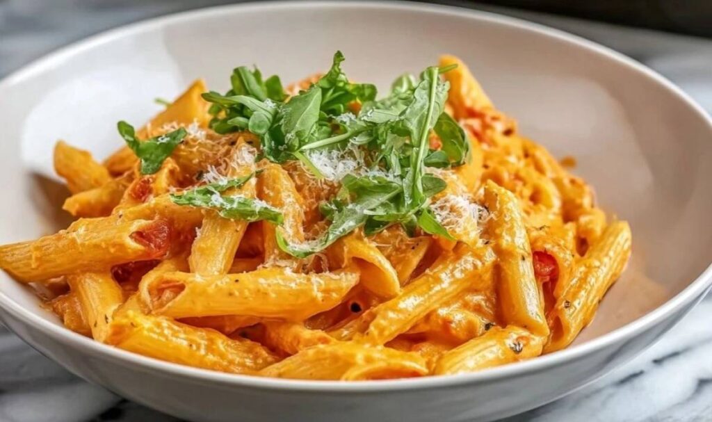 Penne in cremiger Paprikasoße mit bunten Paprikawürfeln und frischer Petersilie auf weißem Teller