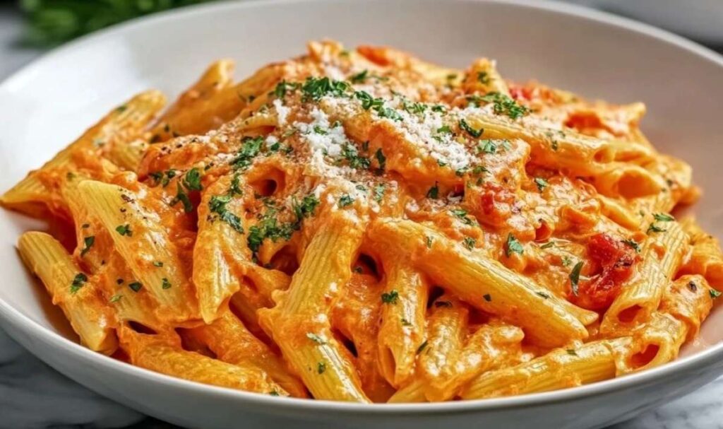 Penne in cremiger Paprikasoße mit bunten Paprikawürfeln und frischer Petersilie auf weißem Teller