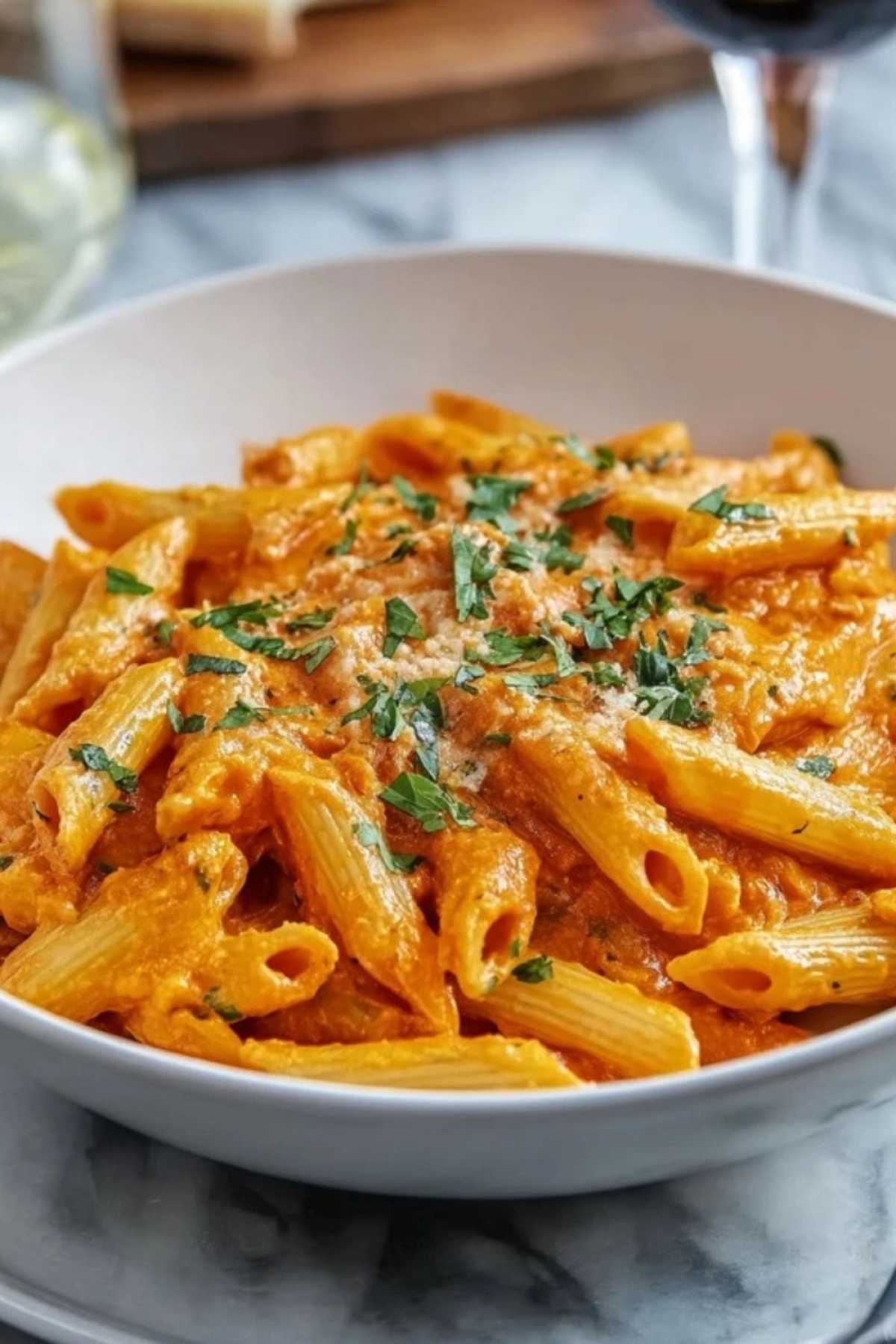 Cremige Paprikasoße mit Penne-Nudeln in großer Pfanne beim KochenSEO Filename: penne-paprikasose-pfanne-kochen