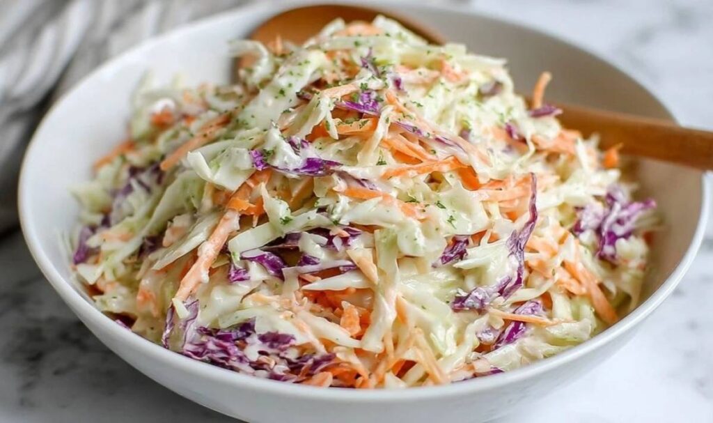 Protein Coleslaw ohne Mayo mit cremigem Dressing aus Hüttenkäse und Joghurt in einer weißen Schüssel