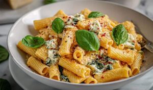 Protein-Nudeln mit Hüttenkäse Protein-Nudeln mit Hüttenkäse in großer Pfanne mit frischem Spinat und Parmesan