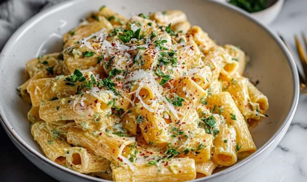 Protein-Nudeln mit Hüttenkäse in großer Pfanne mit frischem Spinat und Parmesan