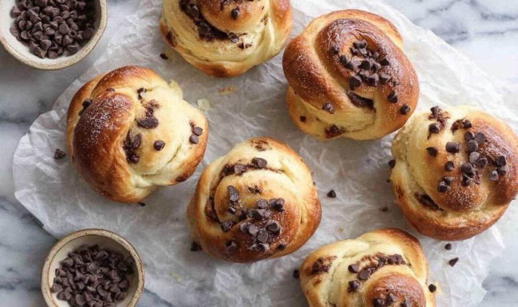 Protein-reiche Schoko-Brötchen frisch gebacken auf Backpapier mit geschmolzenen Schokotropfen
