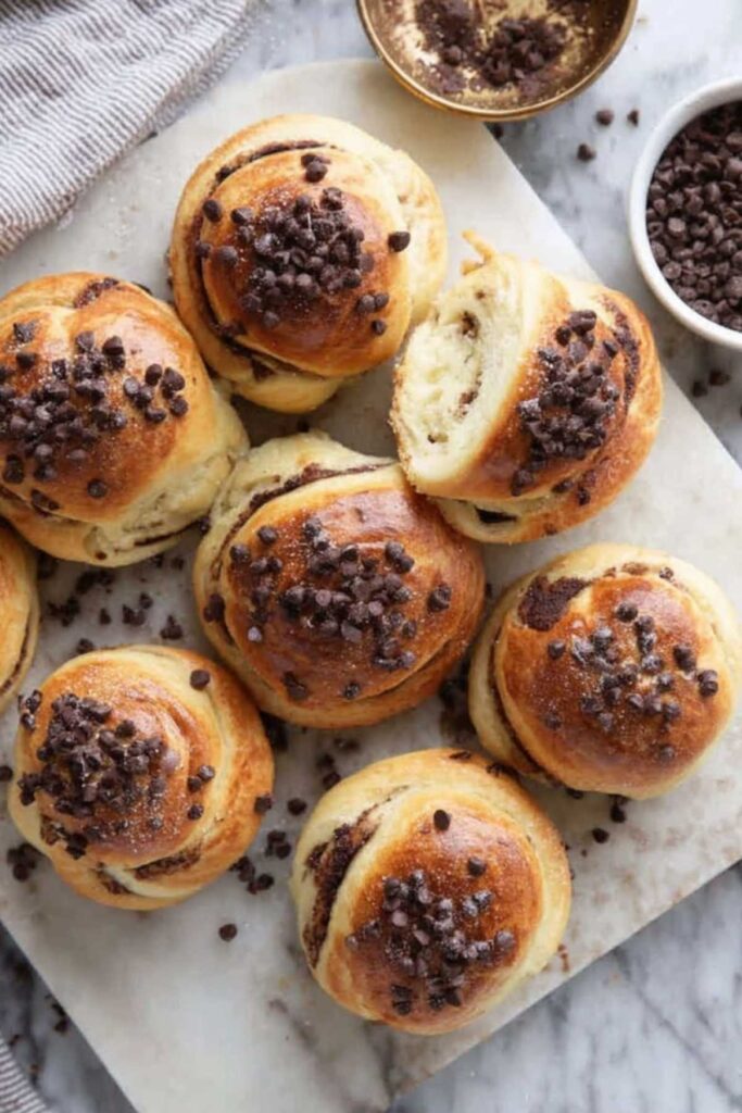 Aufgeschnittenes protein-reiches Schoko-Brötchen zeigt weiche saftige Krume mit Schokostückchen