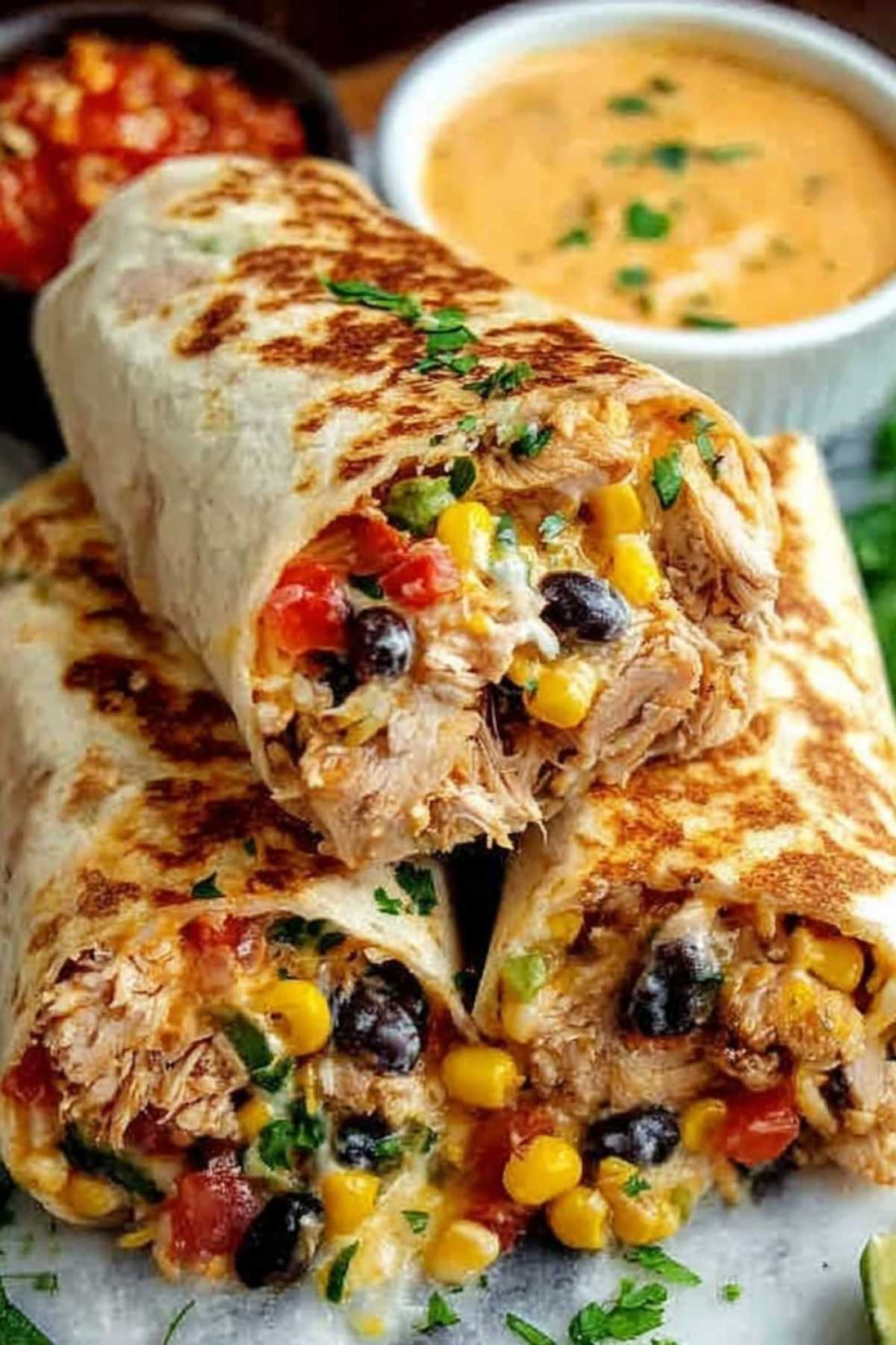 Southwest Hähnchen Wrap 4 Aufgeschnittener Southwest Hähnchen Wrap zeigt Füllung mit mariniertem Hähnchen Käse und frischem Gemüse