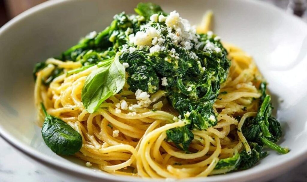 Spaghetti mit Spinat Frischkäse-Sauce auf weißem Teller mit frischem Parmesan garniert