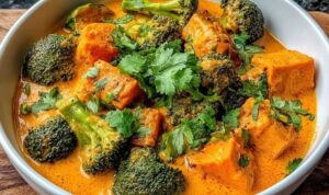 Cremiges Süßkartoffel Brokkoli-Curry in weißer Schale serviert mit Reis