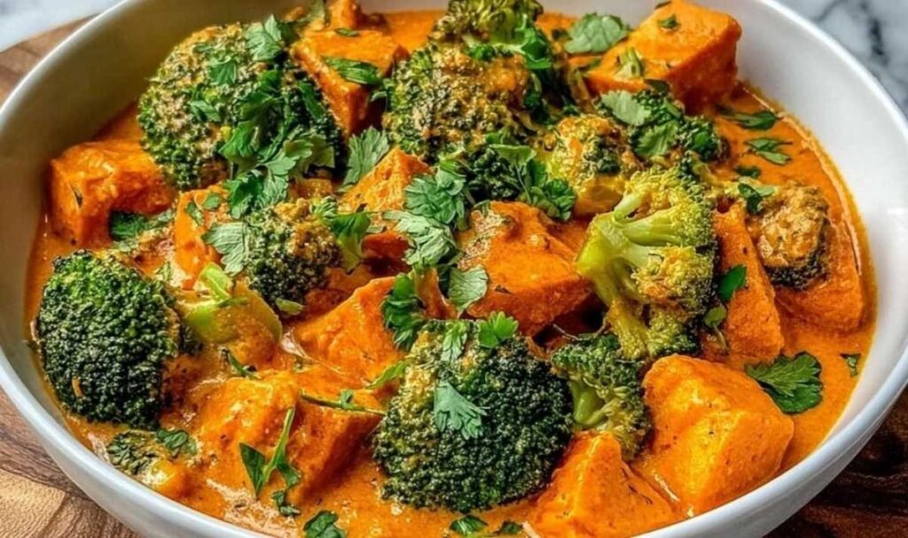 Cremiges Süßkartoffel Brokkoli-Curry in weißer Schale serviert mit Reis